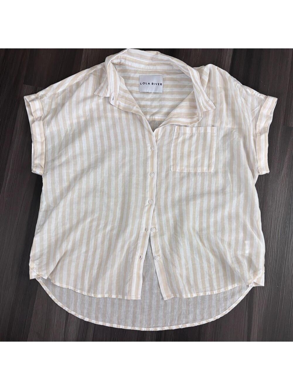 Lola River Button Down Shirt Cap Sleeves Linen Blend Size XL Yellow Striped